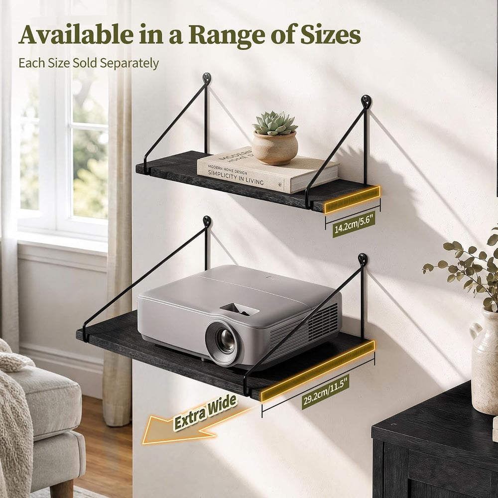 Afuly 12 inch Deep Floating Shelves for Wall, Black Wide Shelf, Solid Wood