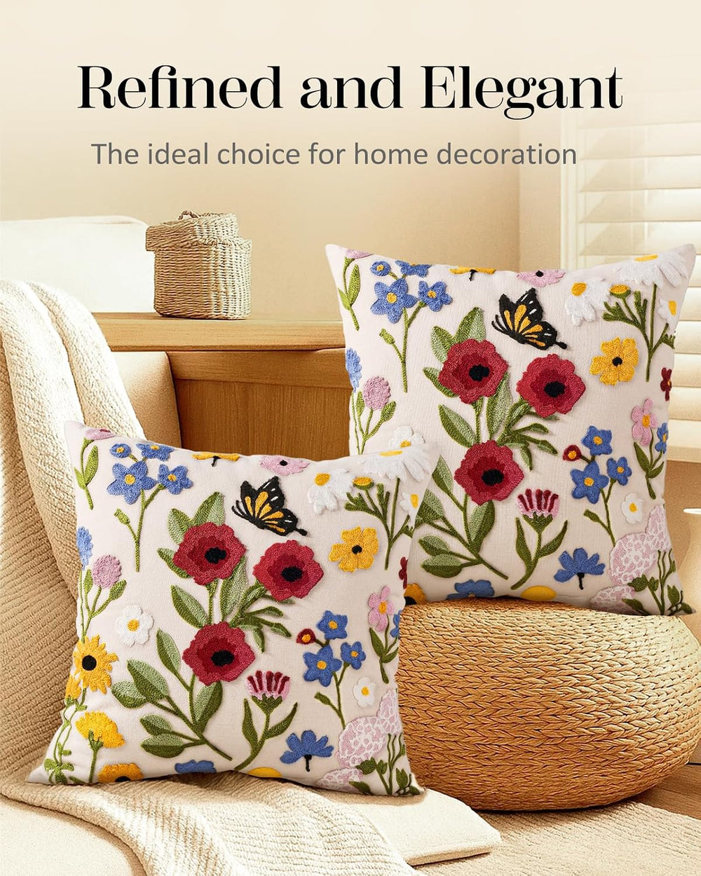 Embroidered Throw Pillow Covers 18x18 Inch, 2Pack, Retro Flower