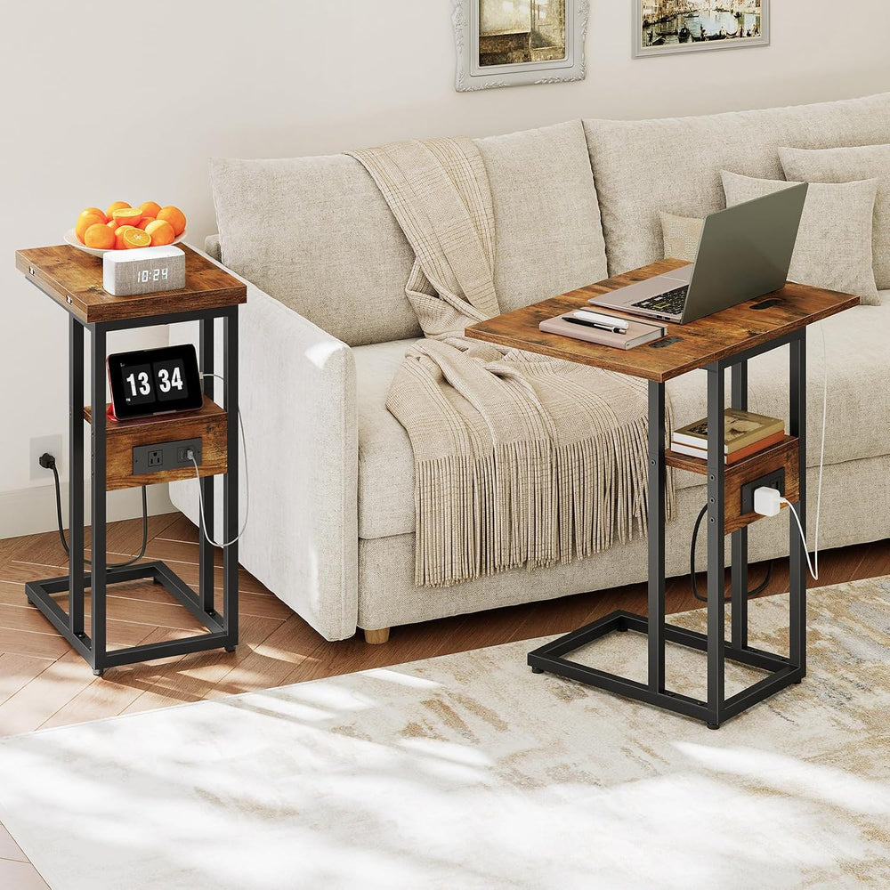 HOOBRO Foldable C Shaped End Table, Side Table with Charging Station