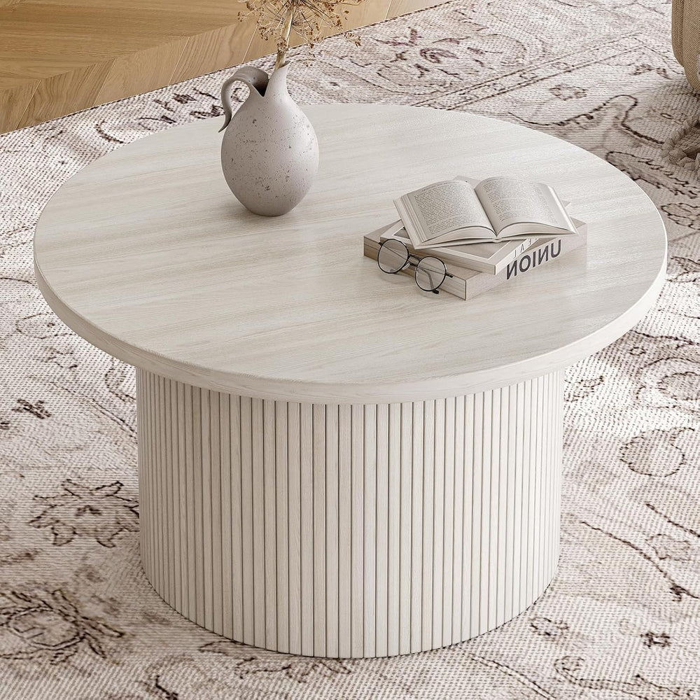 ONBRILL 31.5" Round Coffee Table, Tambour Design, White