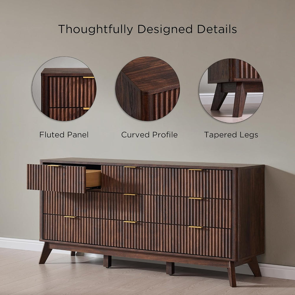T4TREAM 63" Wide Fluted 9 Drawer Dresser for Bedroom, Dark Walnut
