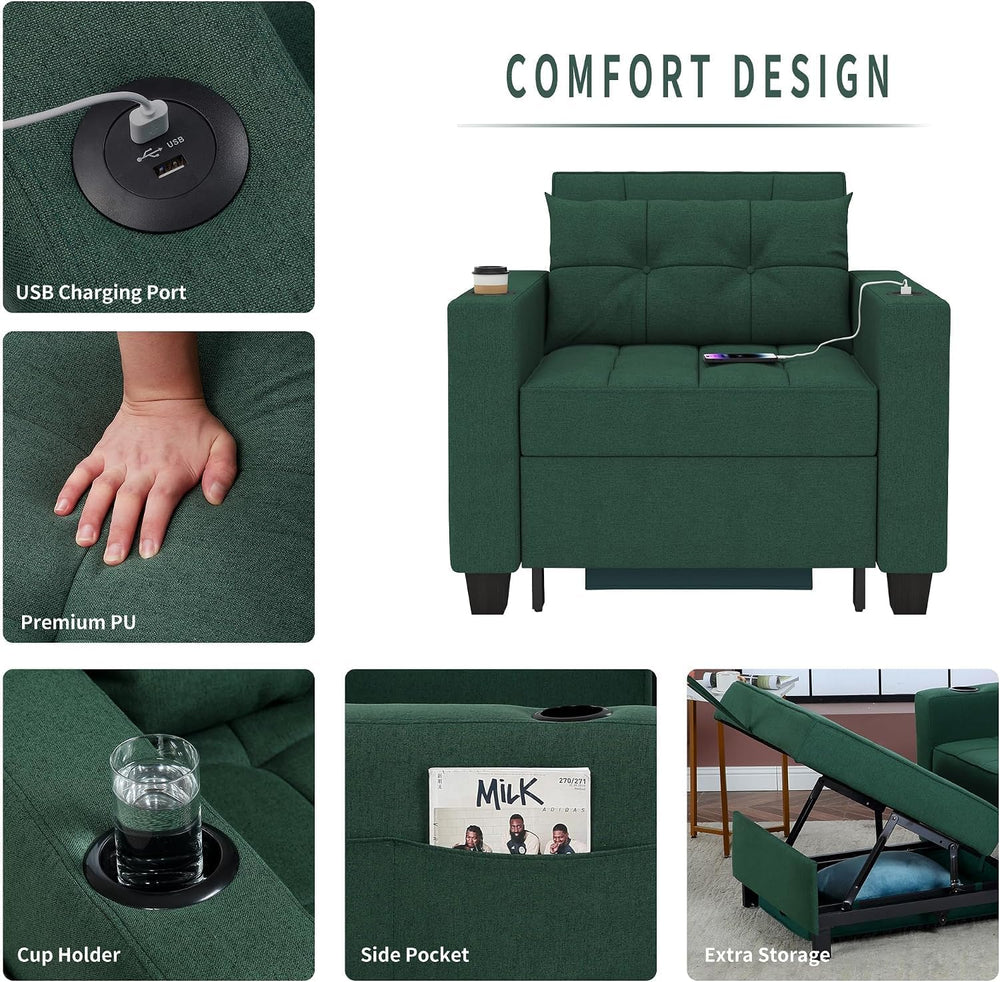 36" 3-in-1 Sleeper Chair, Convertible Pull Out Sofa Bed, Green Linen
