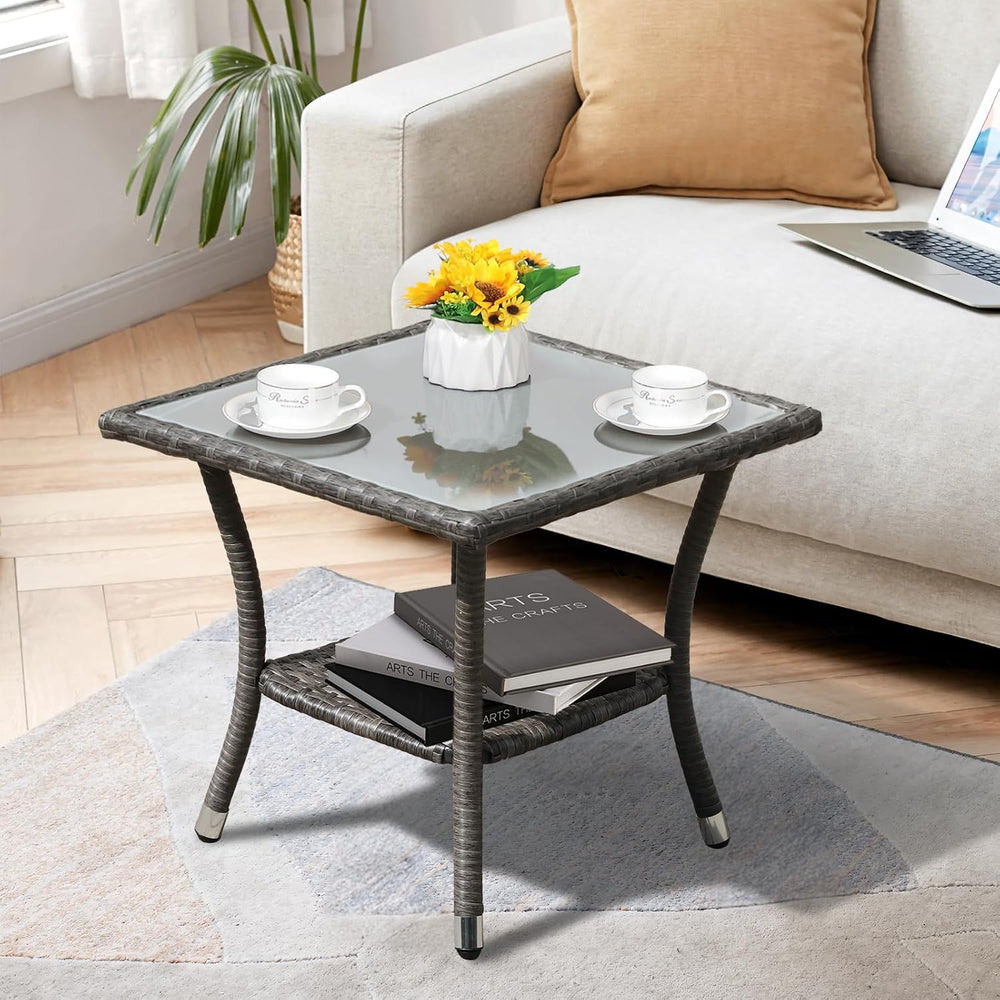 Super Patio Outdoor Side Table, Wicker Patio Coffee Table w/Glass Top, Gray