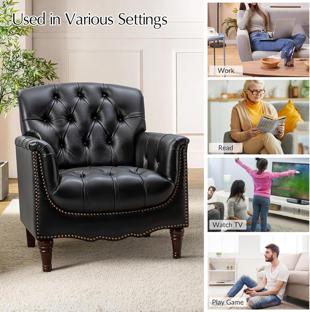 HULALA HOME Mid Century Modern Genuine Leather Accent Chair, Black