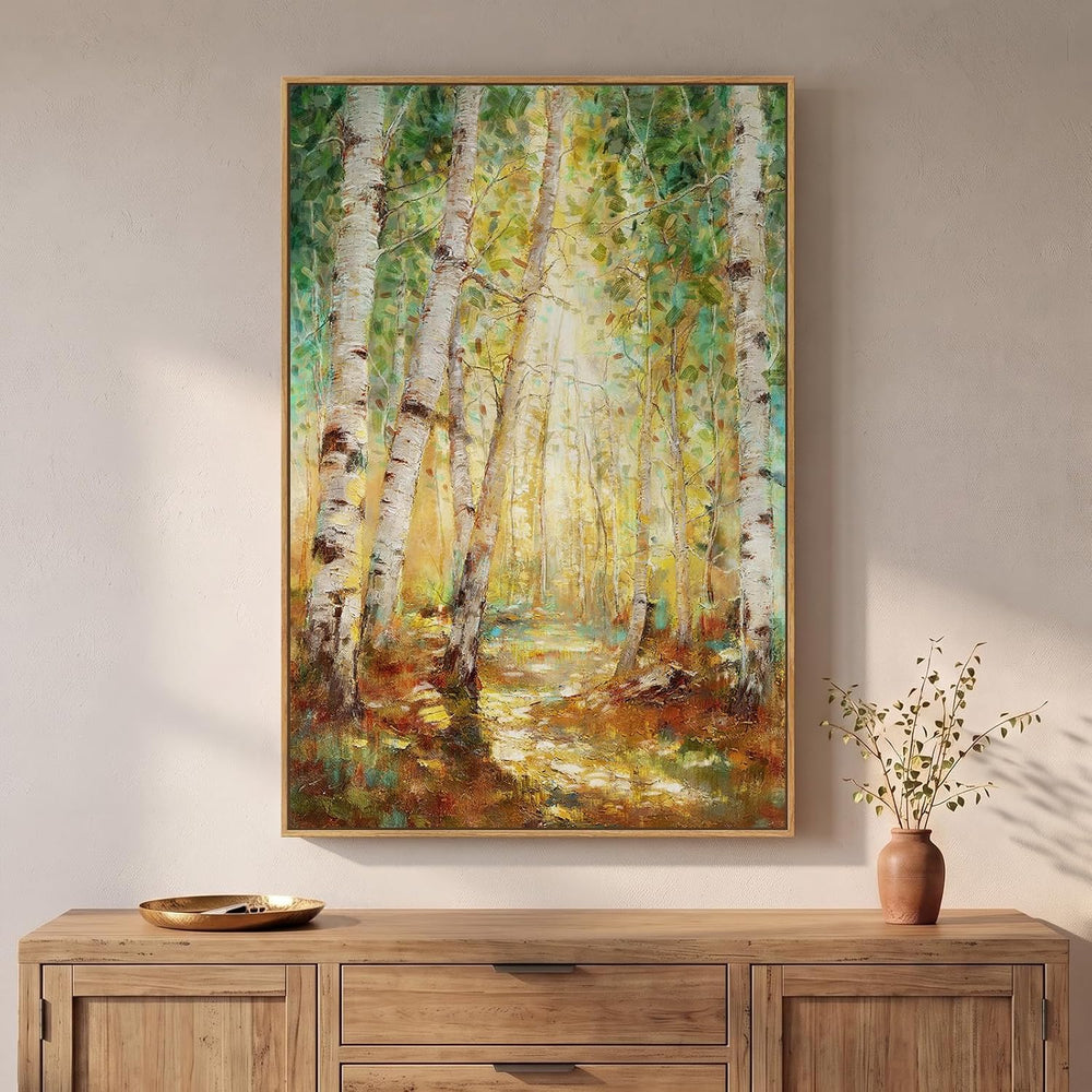 Framed Birch Tree Forest Landscape Wall Art for Living Room, 24x36 Inch