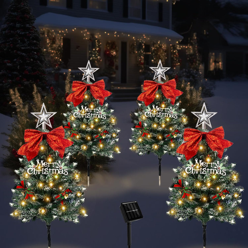 Christmas Tree Solar Pathway Lights Outdoor Decor, 4 Pack, Snowy