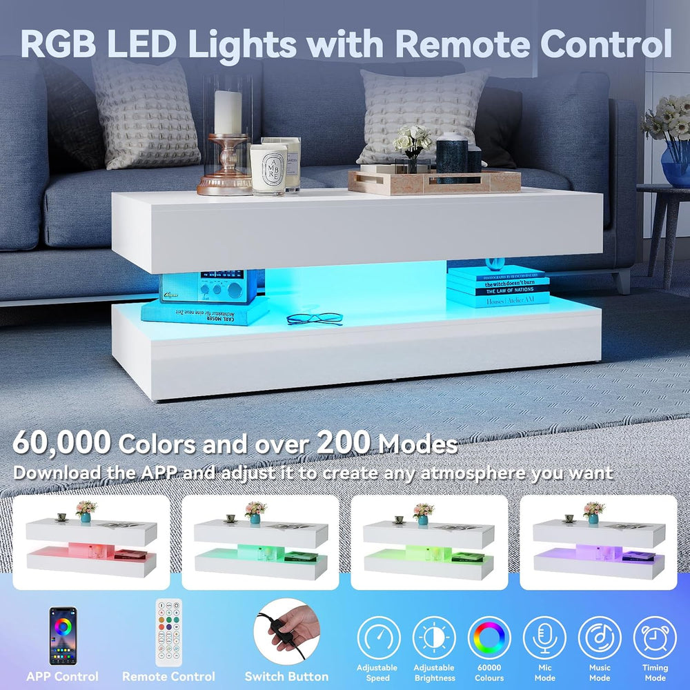 Verano Garden 47" High Gloss LED Coffee Table, Large Storage Center Table