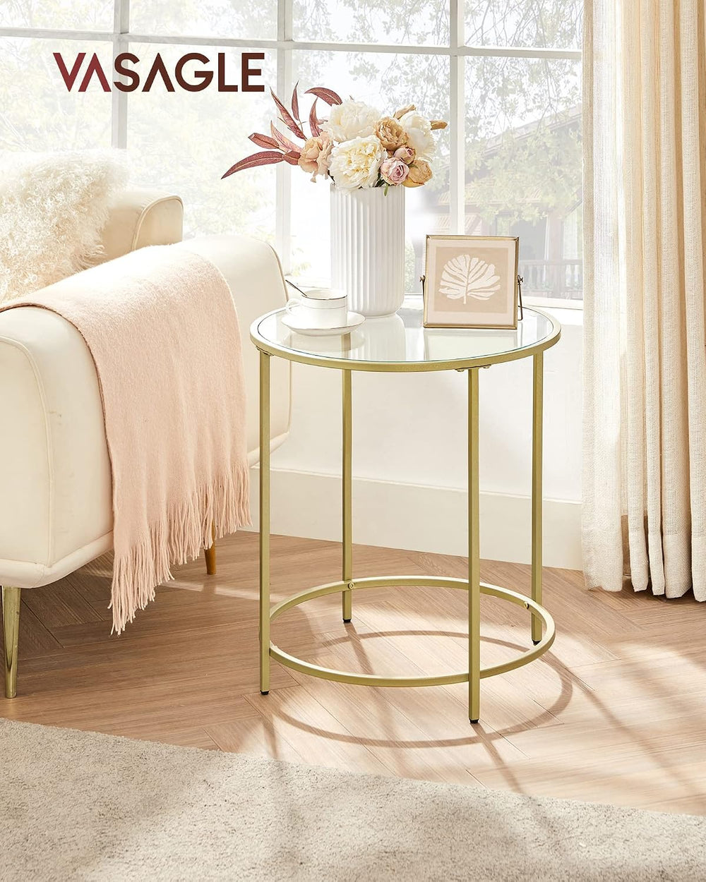 VASAGLE Round Side Tables, Set of 2, Glass End Tables with Metal Frame