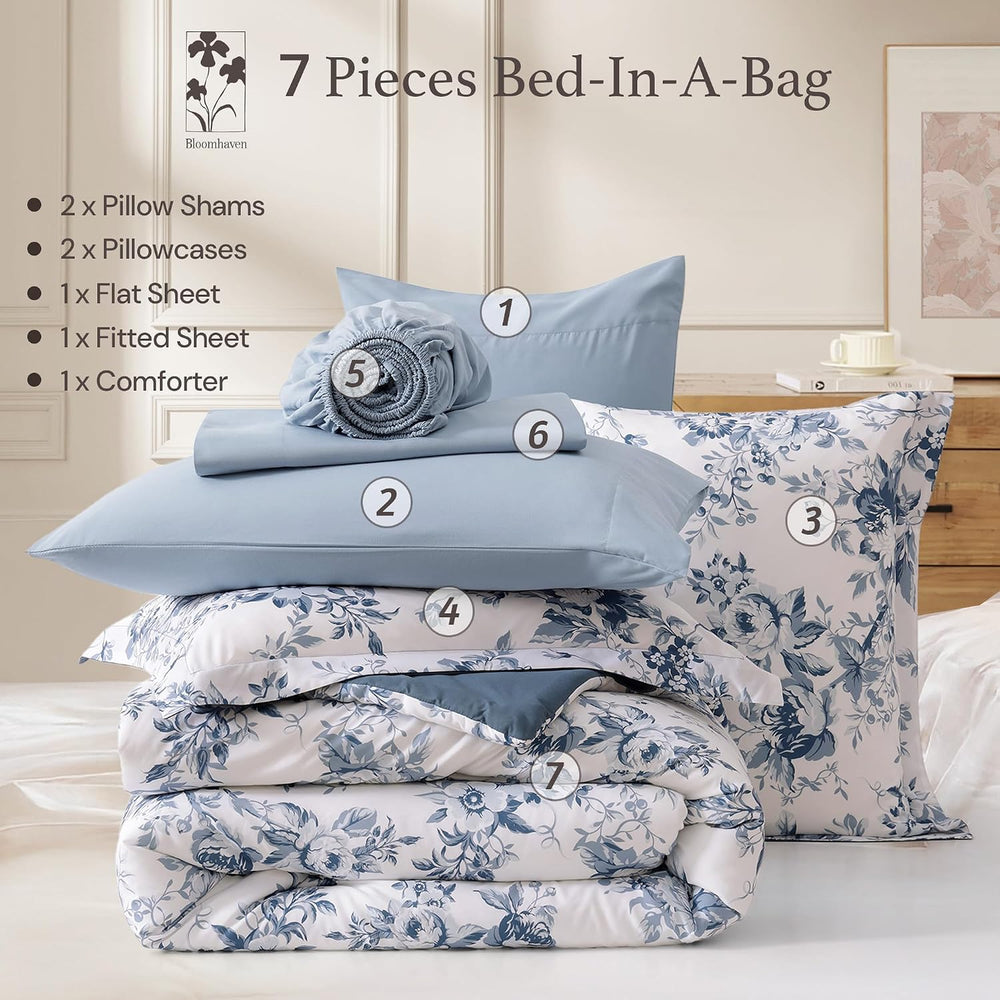 BLOOMHAVEN Queen Comforter Set-7 Pieces Blue Floral Bed in a Bag Queen