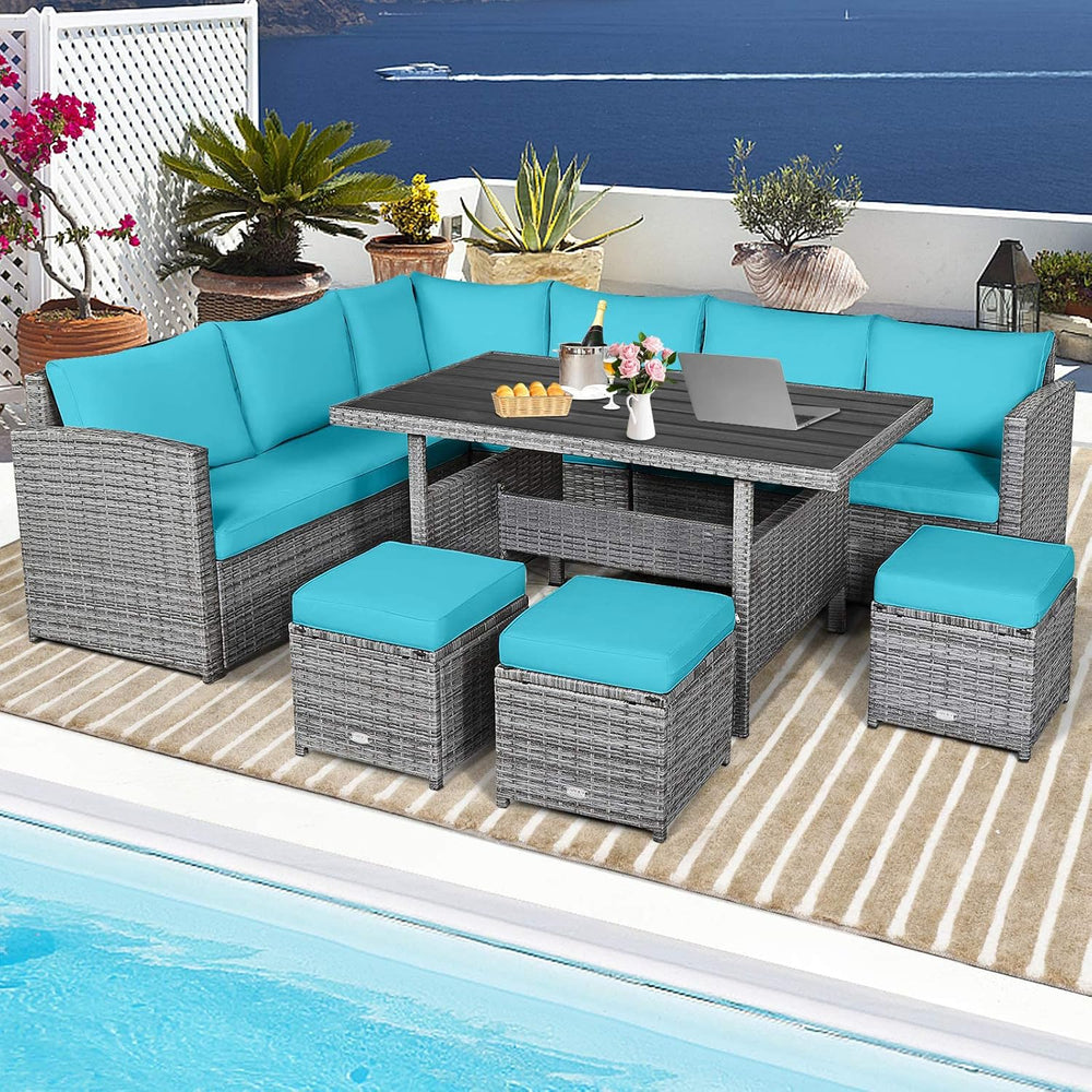HAPPYGRILL 7 Pieces Rattan Wicker Patio Conversation Set (Turquoise)