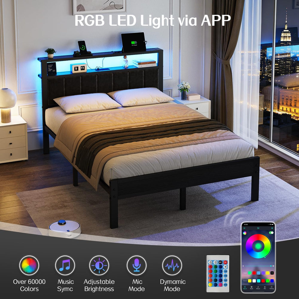 OLEVS Full Bed Frame with LED Lights & Charging Station Modern Platform Bed