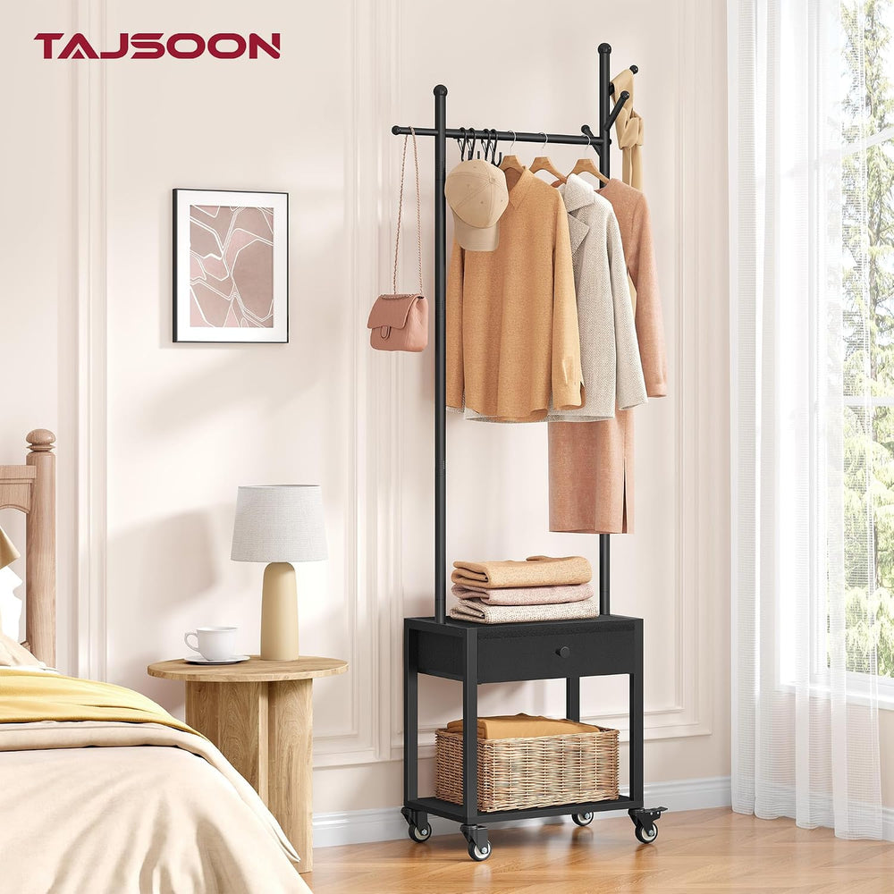 Tajsoon Coat Rack Stand with Lockable Wheel, Wooden Coat Stand with Drawer