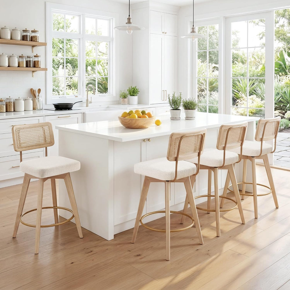 26" Swivel Boho Bar Stools Set of 2, Solid Wood, Rattan, Beige