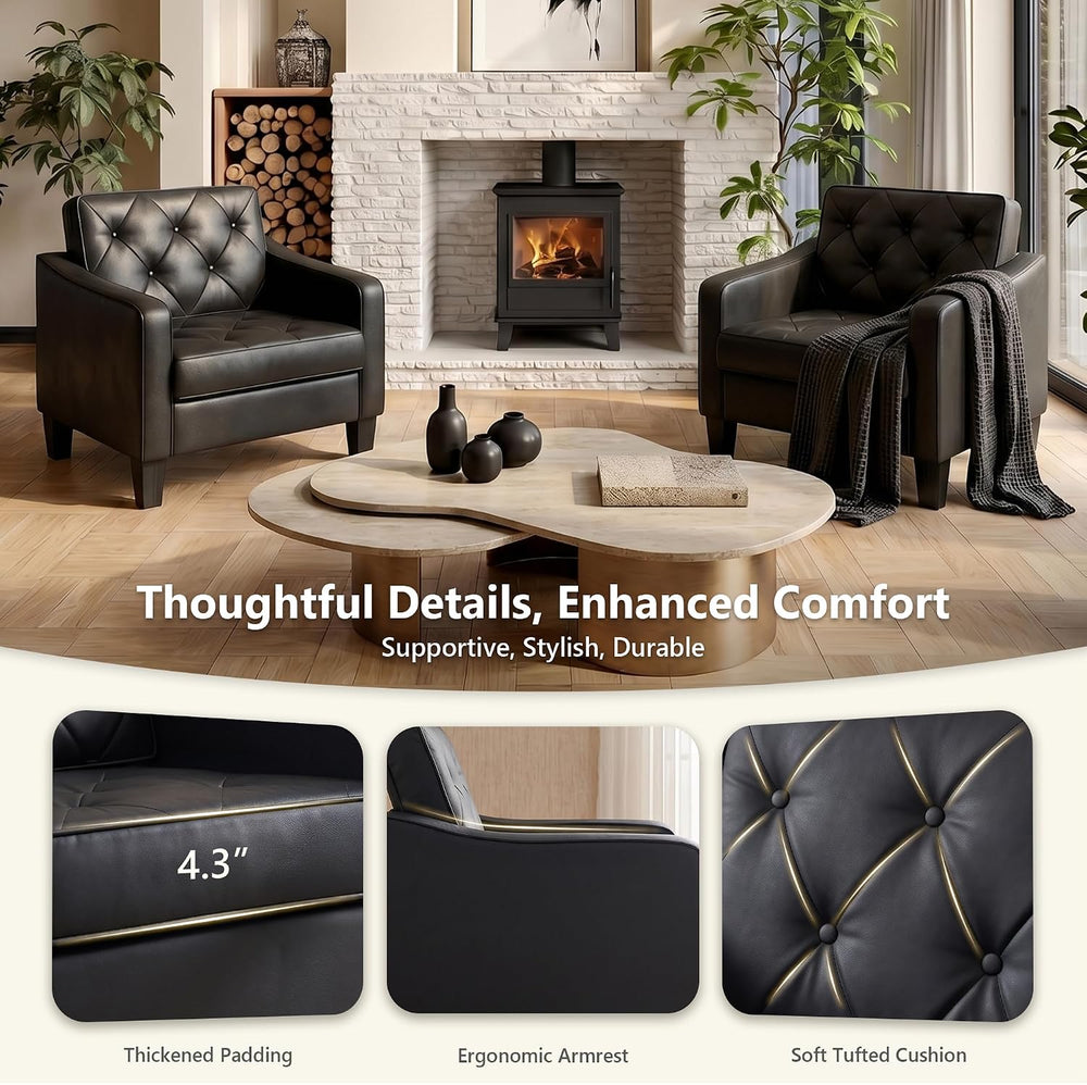 Black Tufted Leather Accent Chairs Set 2, Wide Armchairs Living Room Office