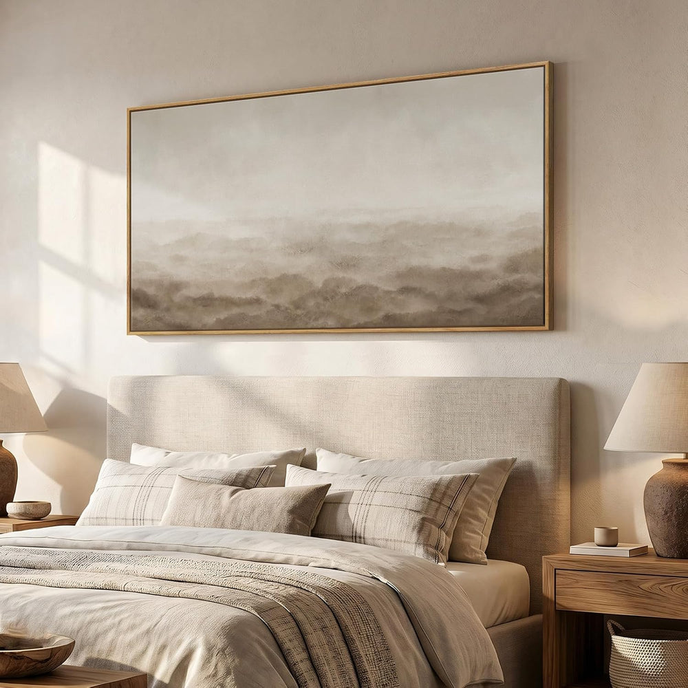 Large Framed Neutral Beige Brown Abstract Wall Art for Living Room 60x30 In