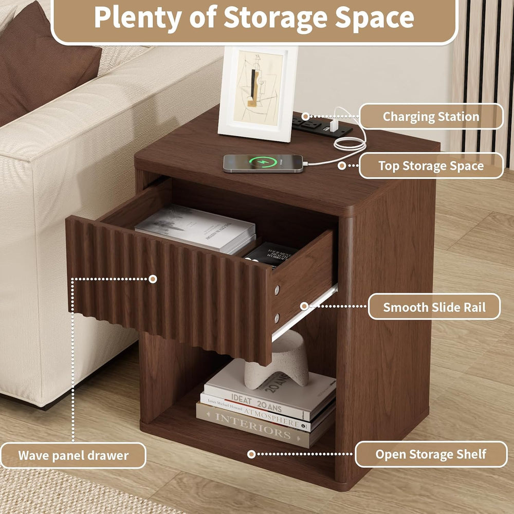 Fluted Nightstands Set of 2 w/Charging Station, Wooden End Table Bed Side Tab...
