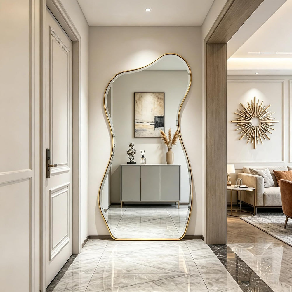POZINO 66.8"x33" Irregular Beveled Mirror Full Length, Abstract Wal...
