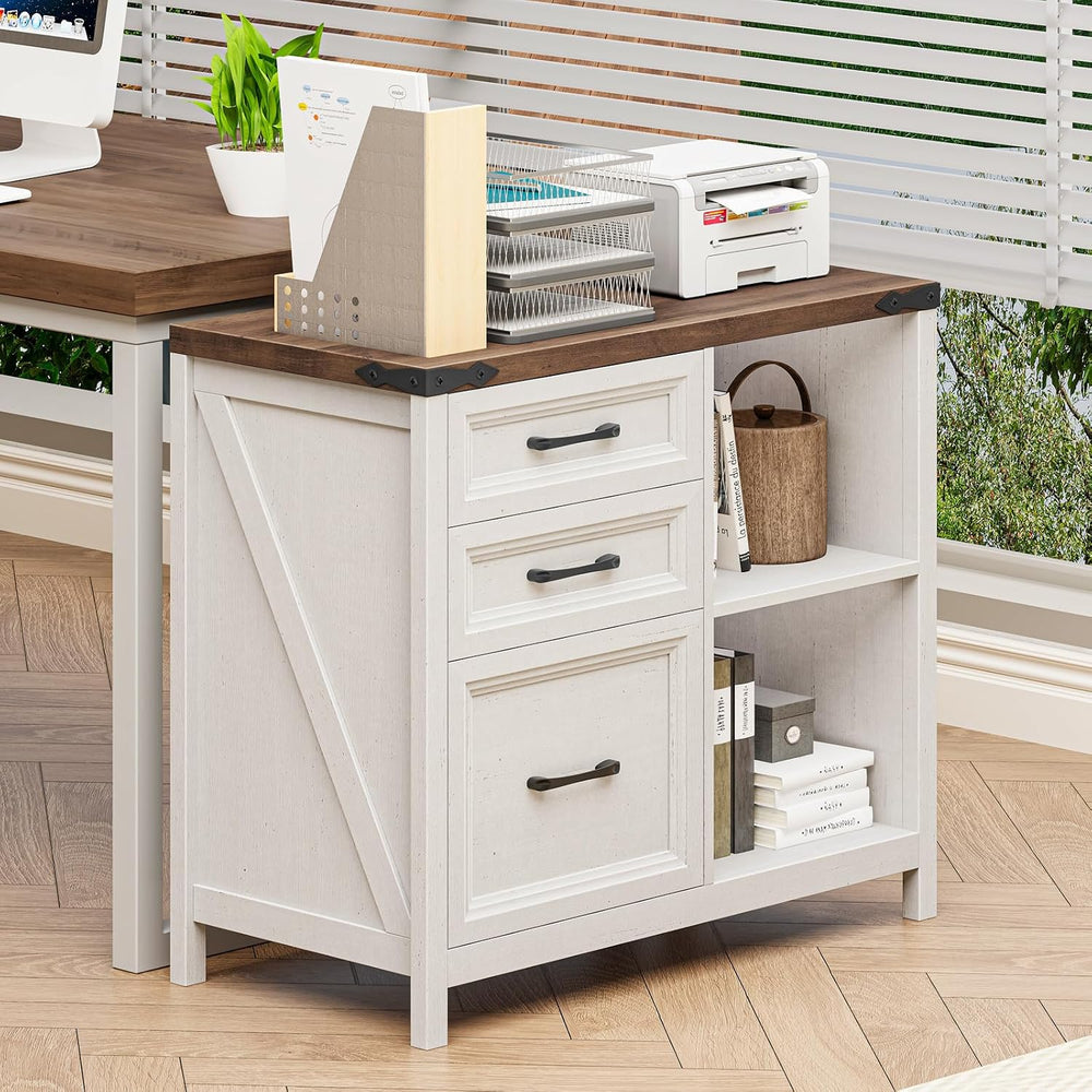 3 Drawers Farmhouse File Cabinet with Shelves, Rustic White and Brown