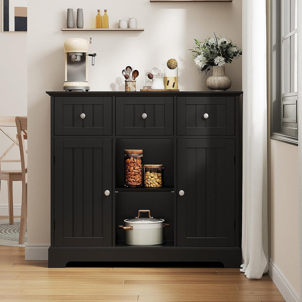 ChooChoo 35.4" Coffee Bar Cabinet with 3 Drawers and 2 Doors, Black
