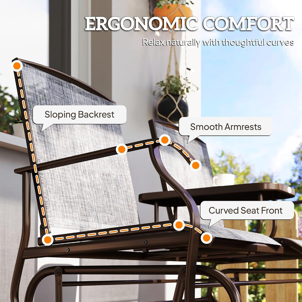 Outsunny Outdoor Glider Bench with Center Table Metal Frame Armrests Gray
