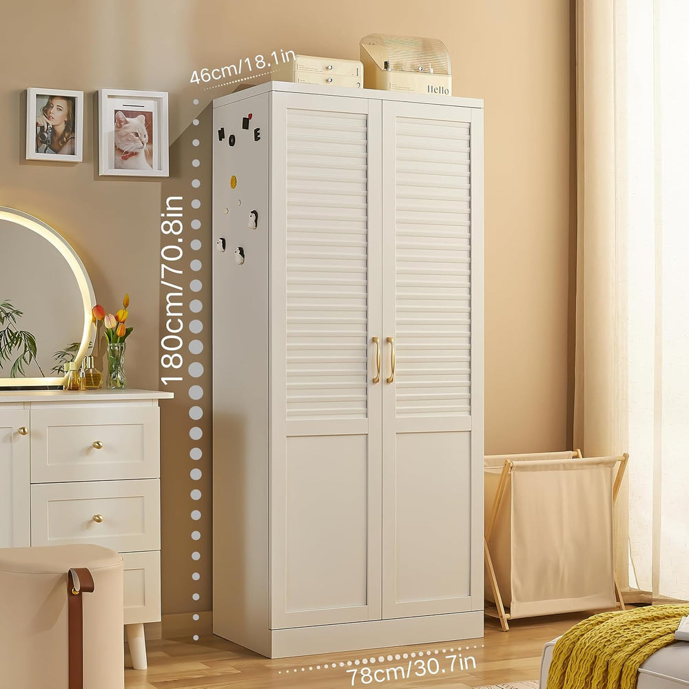 Metal Wardrobe Closet with Louvered Doors, Bedroom Storage Cabinet