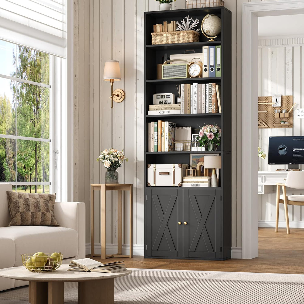 FACBOTALL 82" Tall Bookcase, Farmhouse Bookshelf with Doors, Black