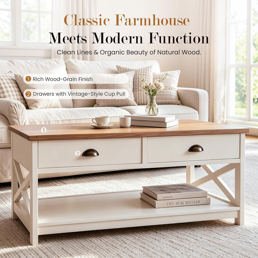 Sophia & William Farmhouse Coffee Table for Living Room with Drawers, White
