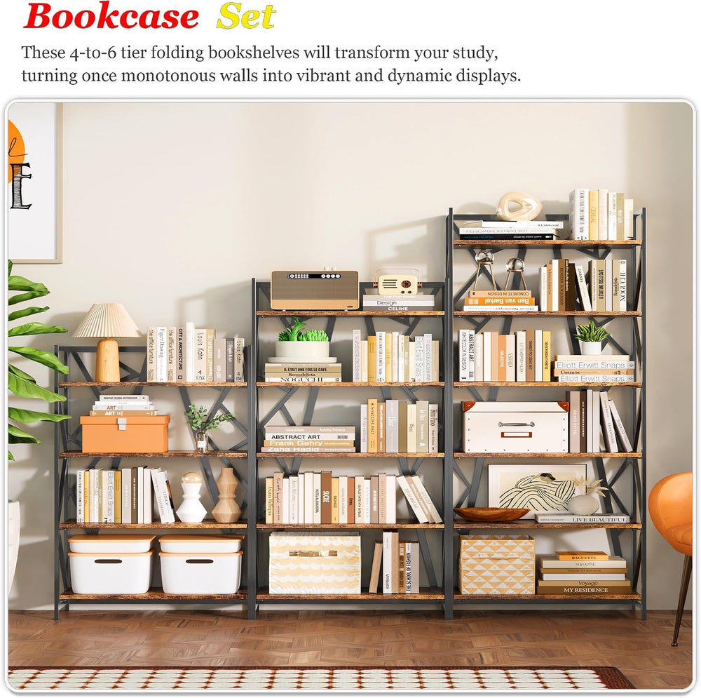 UDD No Assembly Folding Bookshelf, 61.9" H x 23.6" W, 6 Tier Foldab...