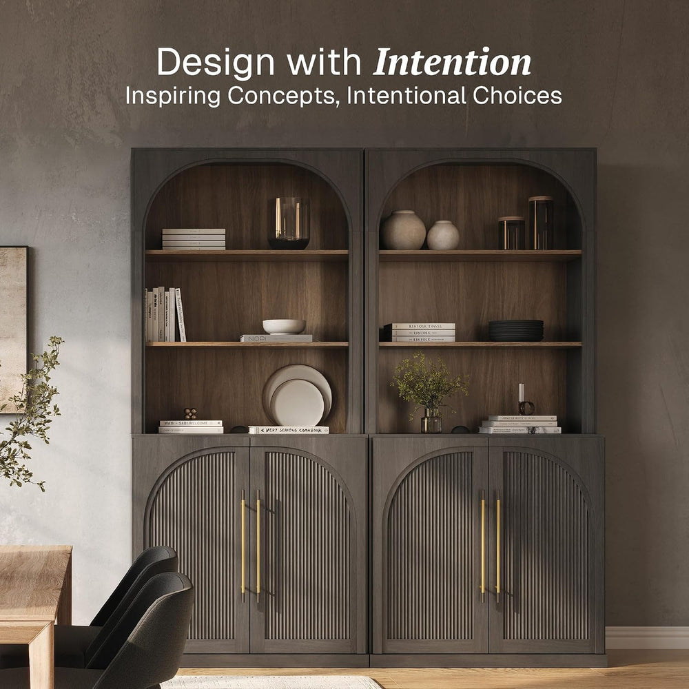 BELLEZE Set of 2 Tall Arched Storage Cabinet with Hutch, Freestanding Display...