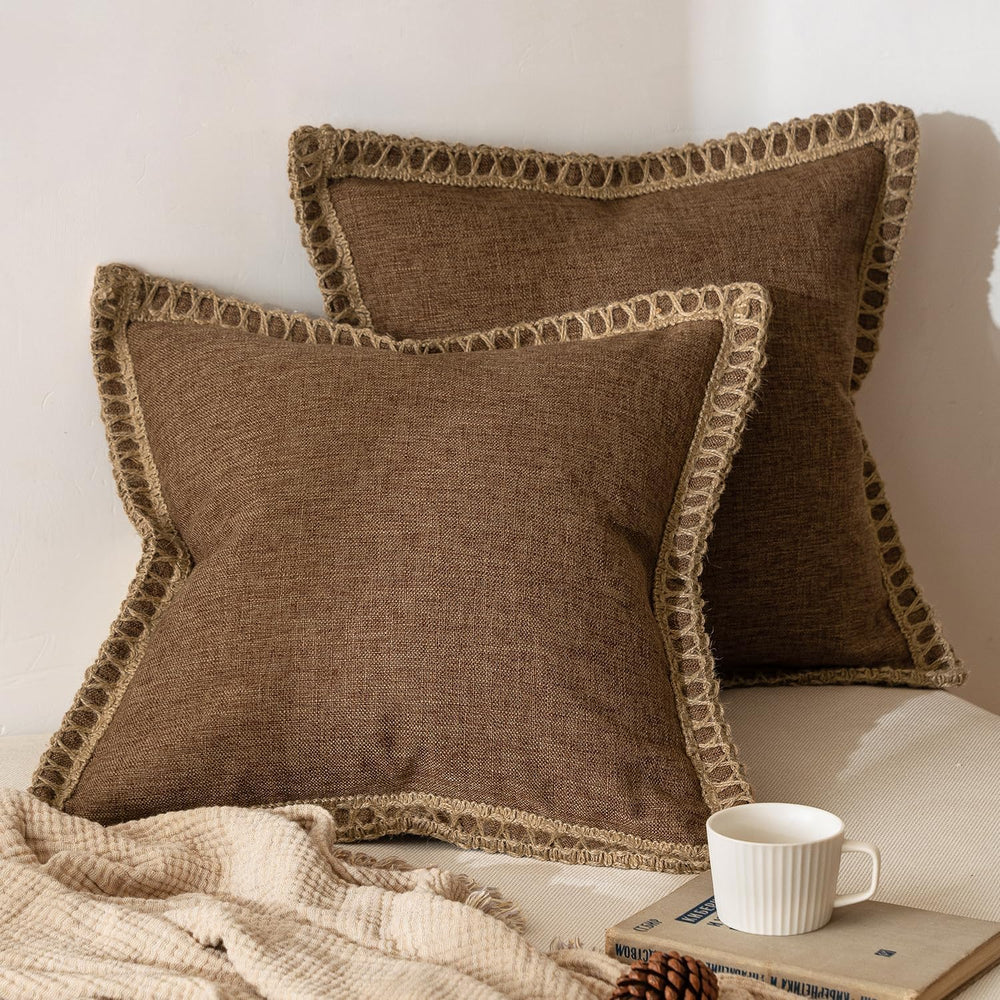 MIULEE Set of 2 Rustic Linen Burlap Throw Pillow Covers 18x18 Brown