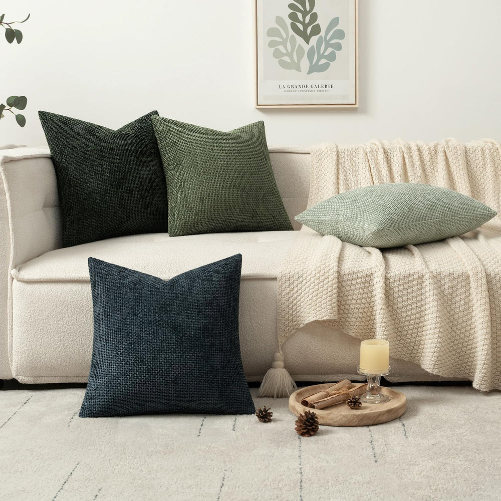 MIULEE Soft Decorative Chenille Pillow Covers Green Navy 18x18 Pack of 4