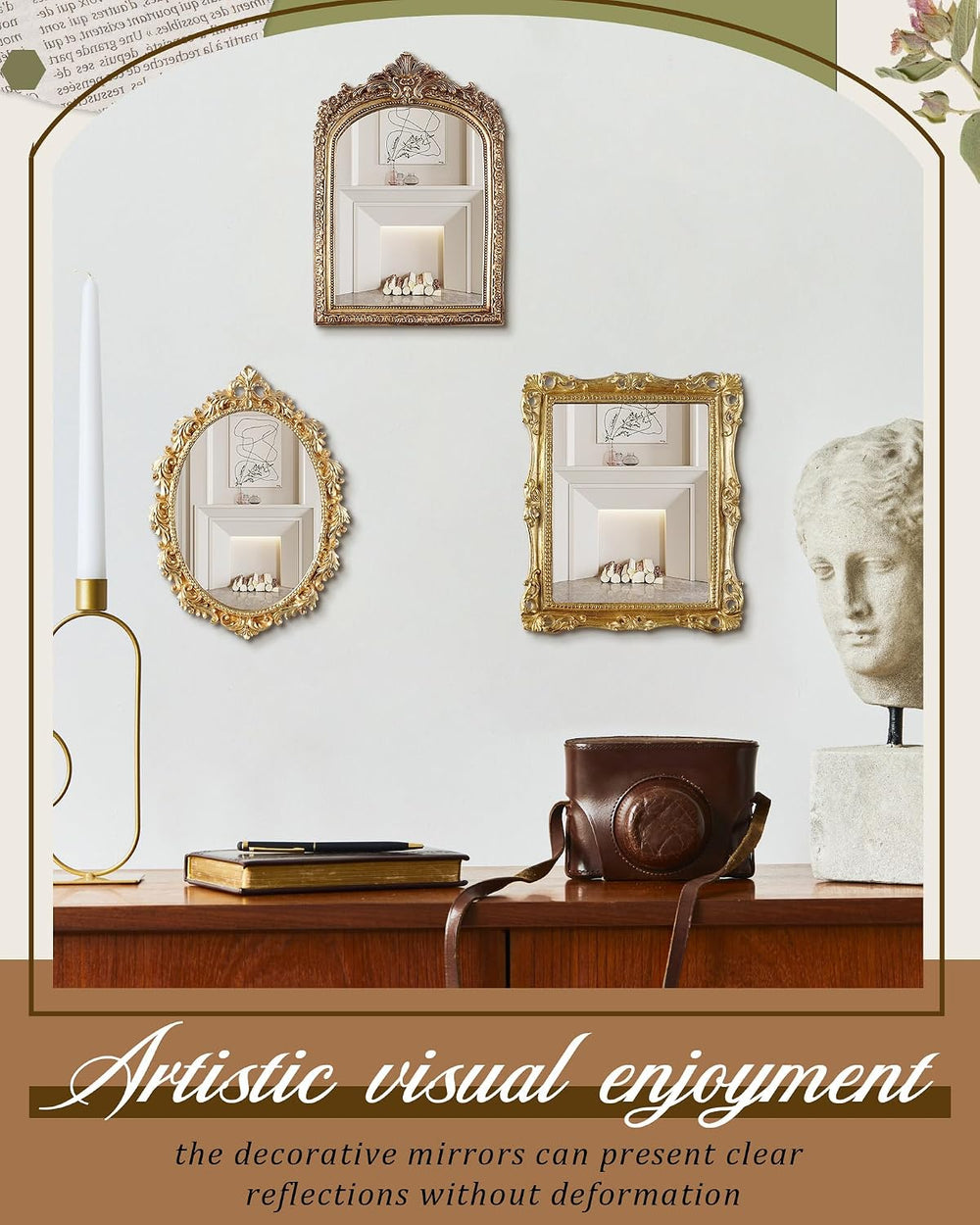 Wonderjune 3 Pcs Vintage Gold Wall Mirror Set, Retro Mixed Style