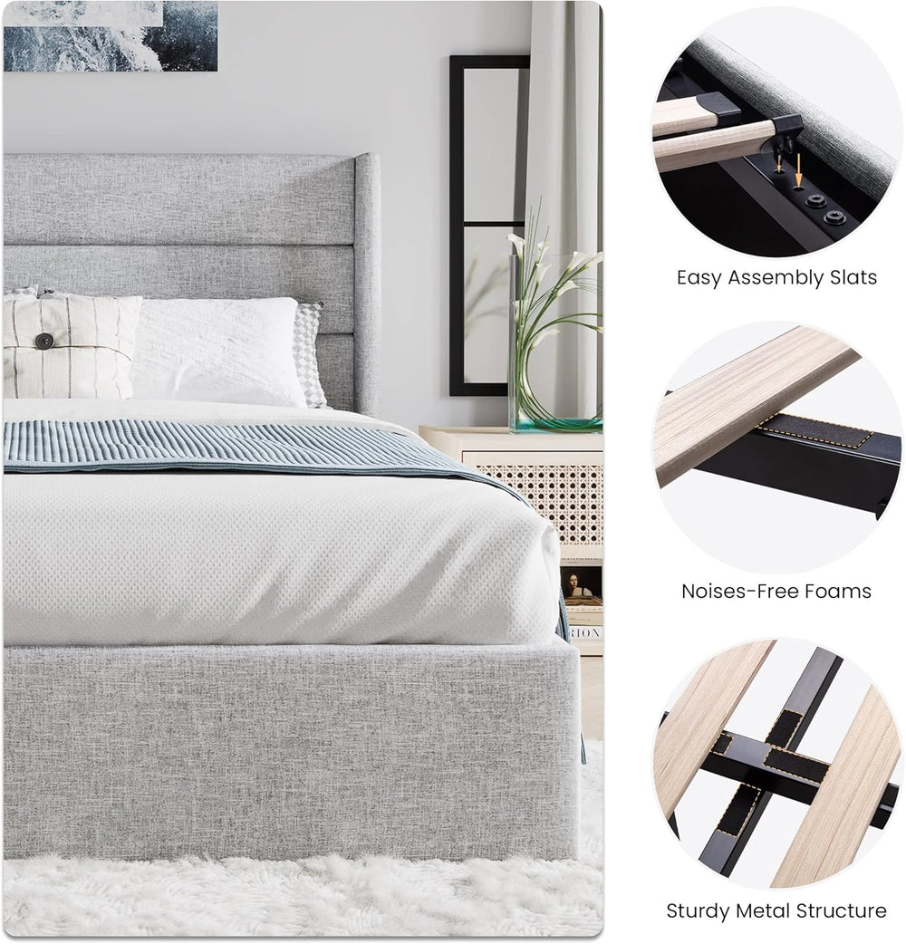 SHA CERLIN Queen Size Lift Up Hydraulic Storage Bed Frame Light Grey