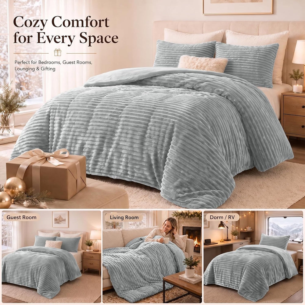 CozyLux Fleece Oversized King Comforter Sets, 3 Piece Light Grey Bedding