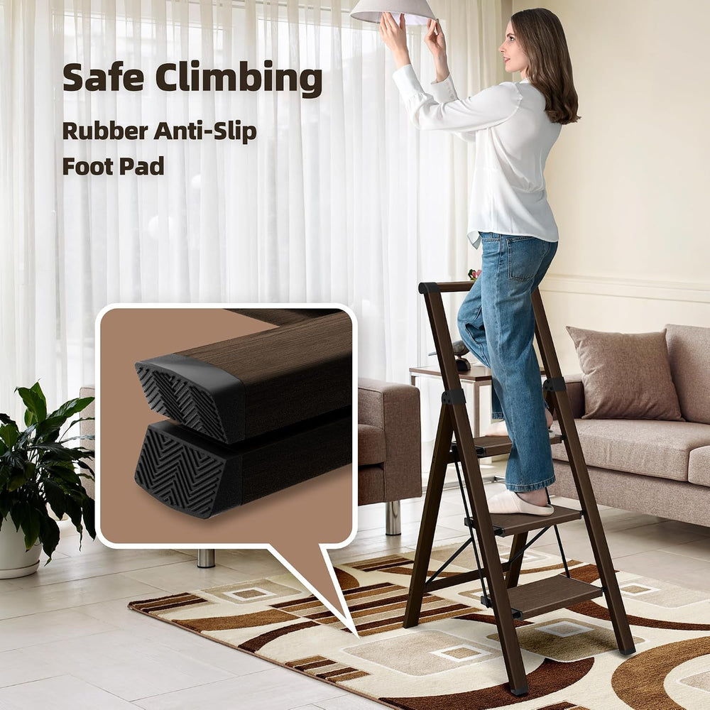 HillhutApex Aluminum 3 Step Ladder, Step Stool Foldable Ladder(Walnut)