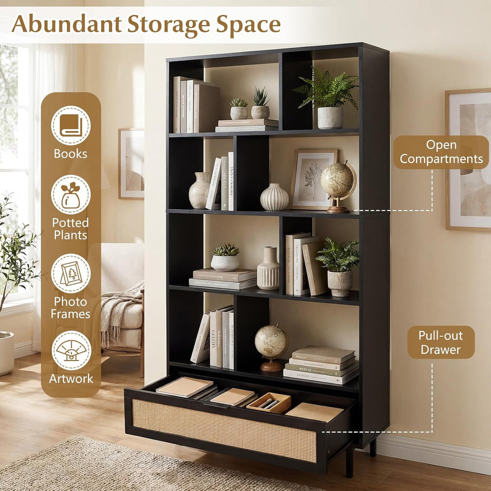 GIANTEX 64" Tall Bookshelf with Rattan Drawer, 6-Tier Wood Bookcase with...