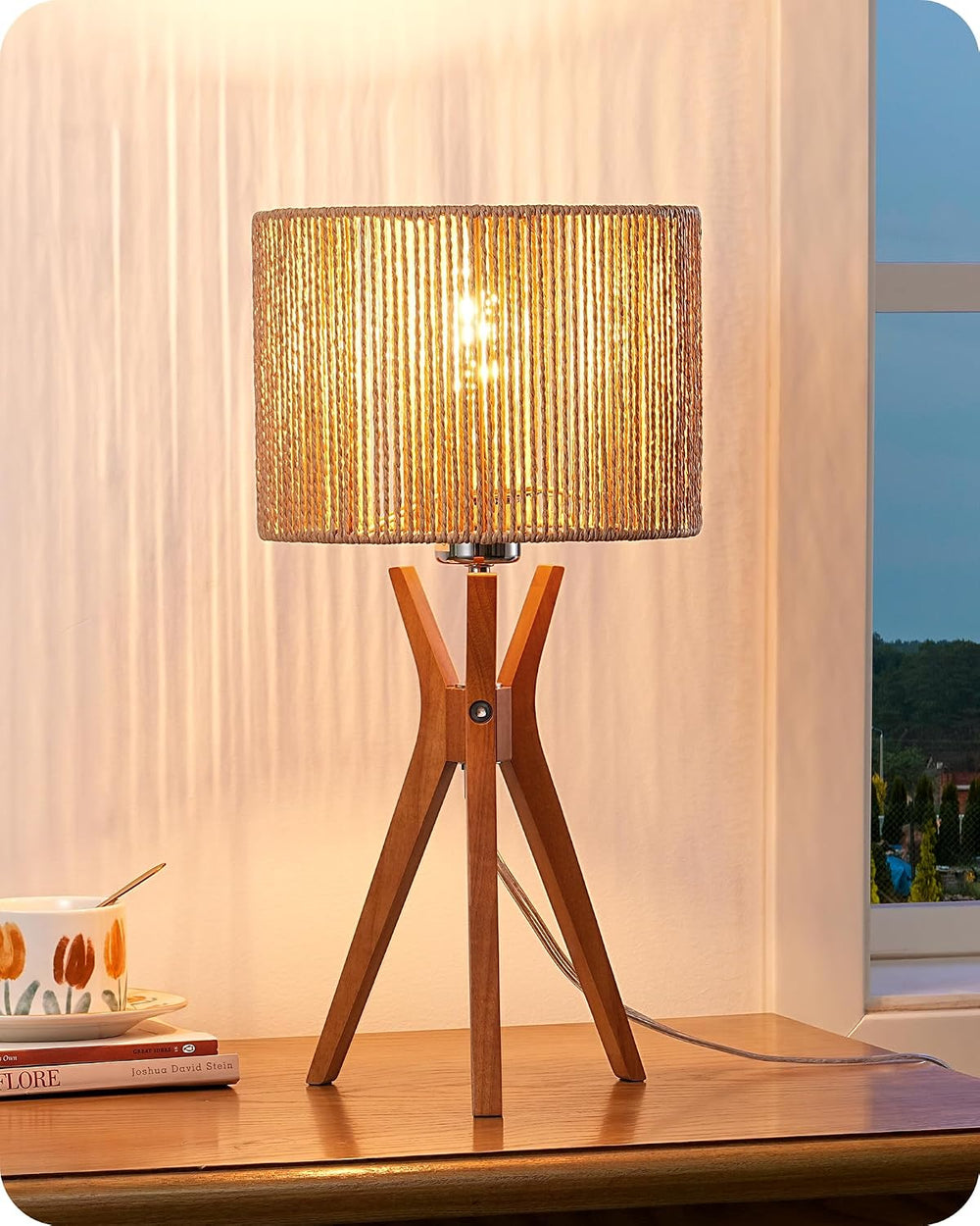 EDISHINE 17.5" Rattan Table Lamp, Handmade Paper Rope Woven Lampshade, E26
