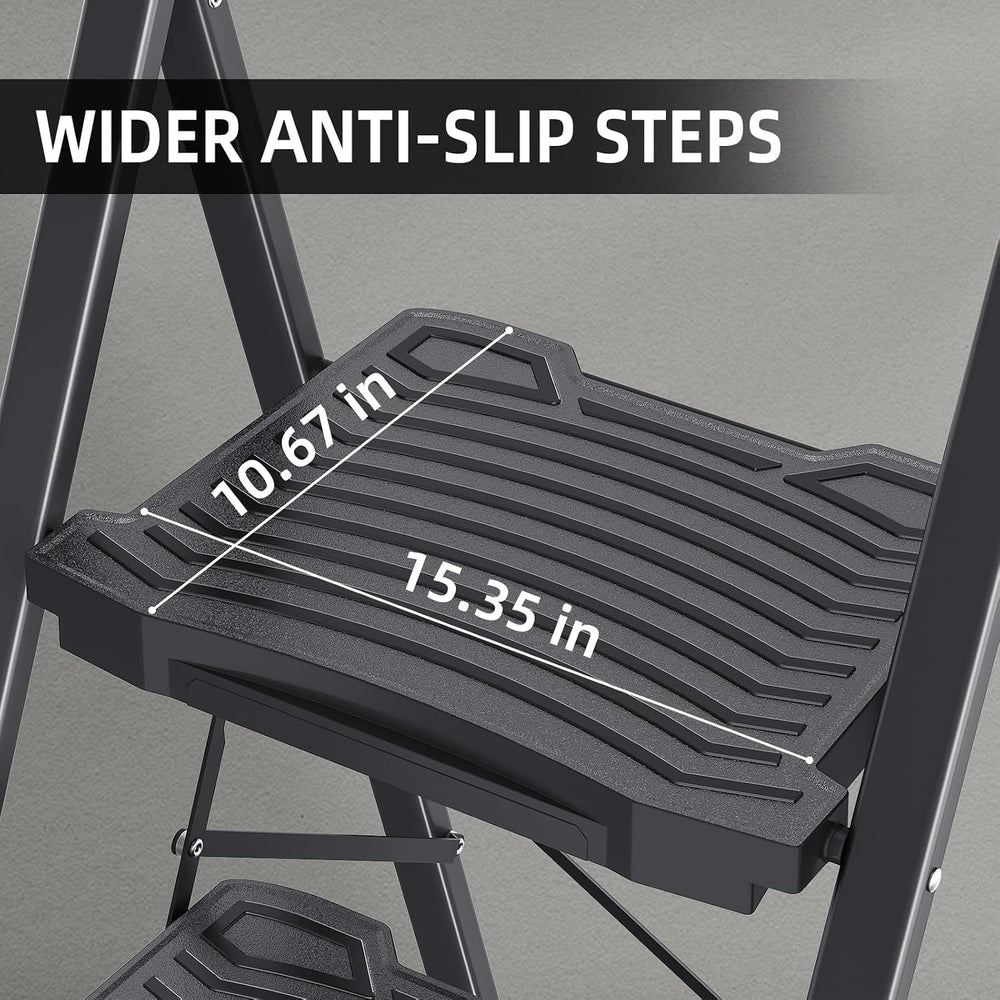 TOOLF 3-Step Ladder with Wide Pedals, Folding Steel Step Stool, Black