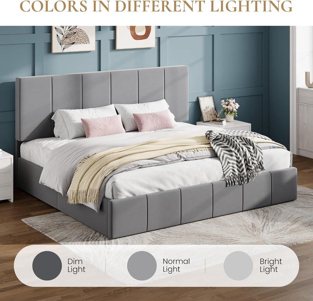 SHA CERLIN King Size Bed Frame, Velvet Upholstered Platform Bed, Grey