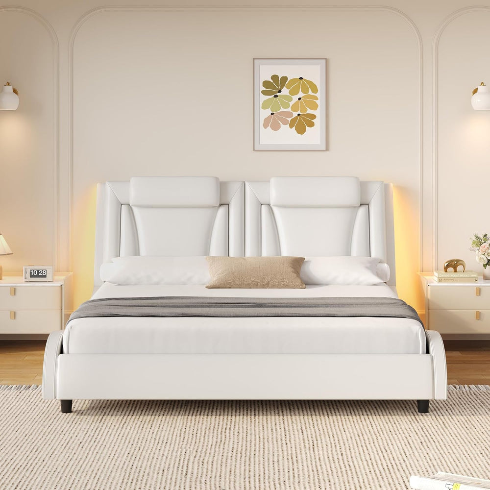 Keyluv King LED Upholstered Bed Frame with Adjustable Headboard, White