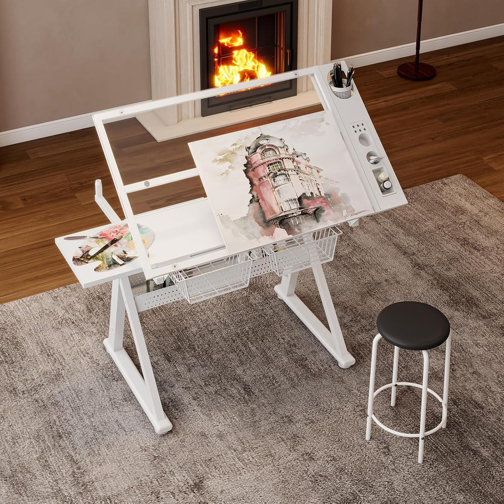 Drafting Desk w/Stool, Upgraded Glass Art Table for Artists, White