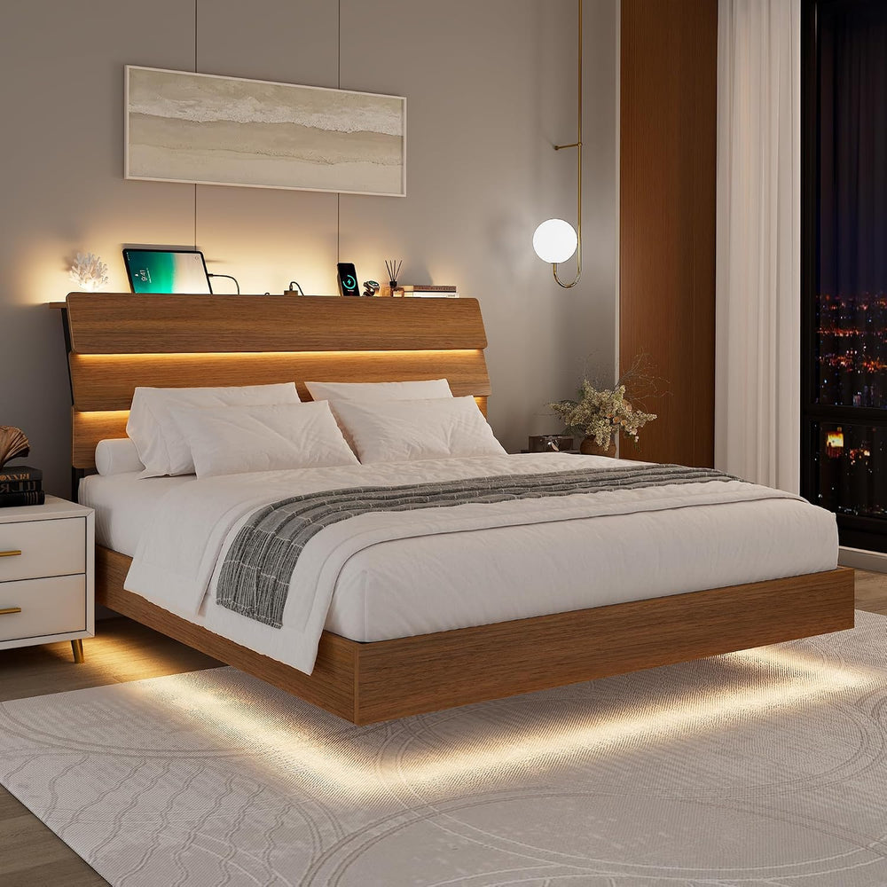 Feonase Floating Bed Frame Full with Led Lights and Charging Station, Wood Fu...