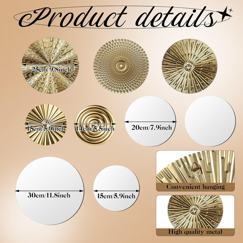 Blulu 9 Pcs Gold Mirror Wall Decor Metal Round