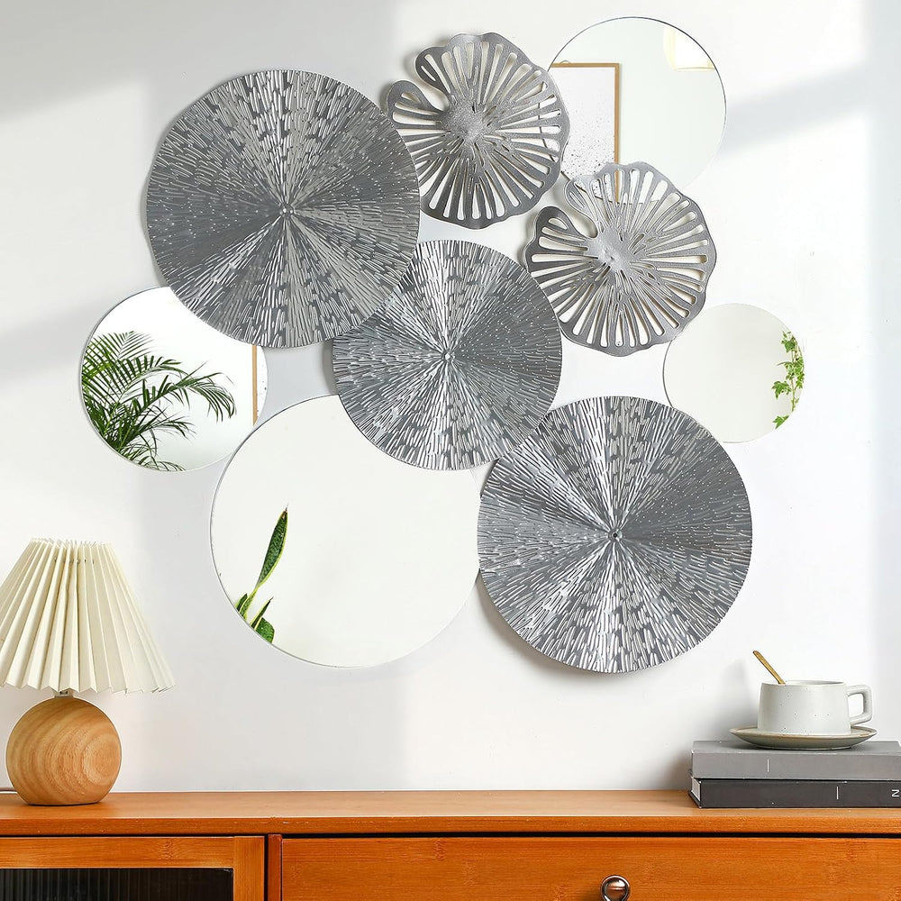 Hicarer Silver Mirror Wall Decor, Round Wall Mirror, Metal Art Decor