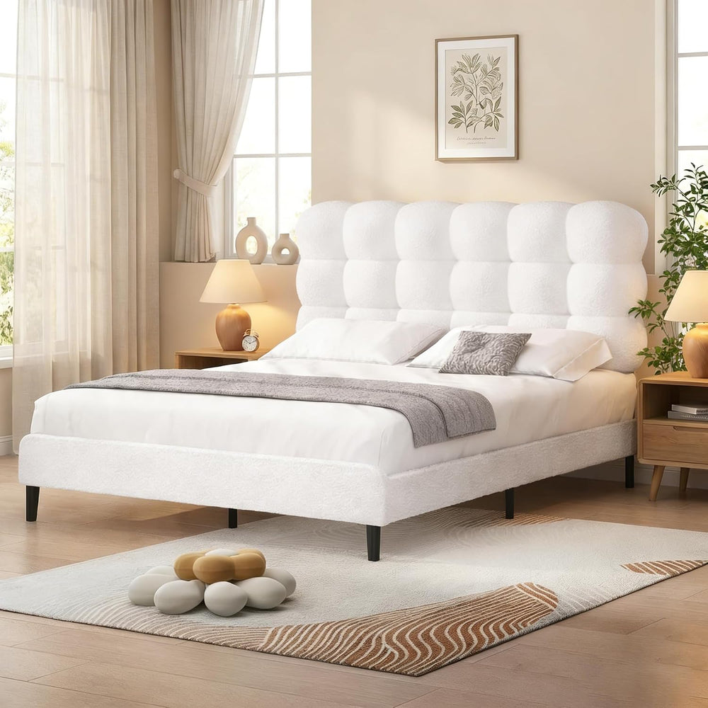 BarnFurin Queen Bed Frame, Soft Teddy Cloud Boucle Headboard, White