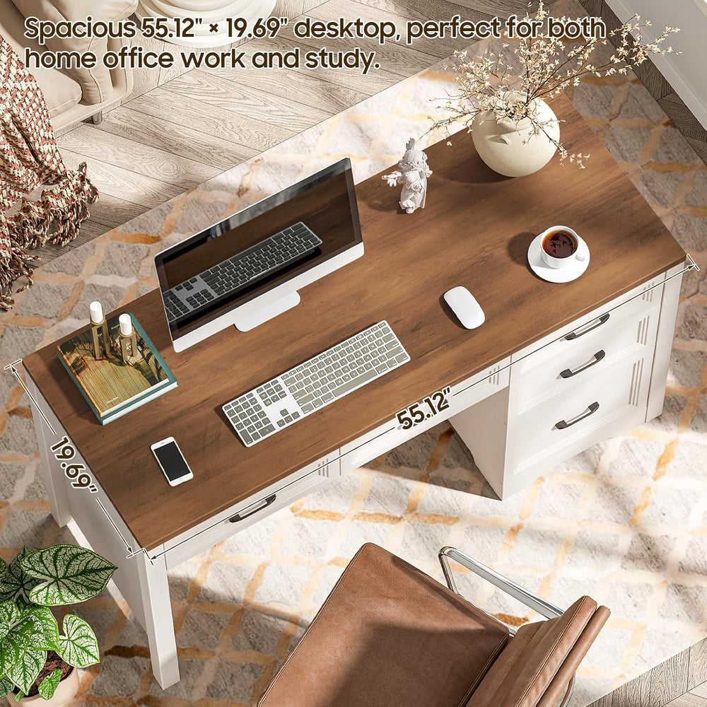 Vabches 55″ Farmhouse Desk with 5 Storage Drawers, Unique White