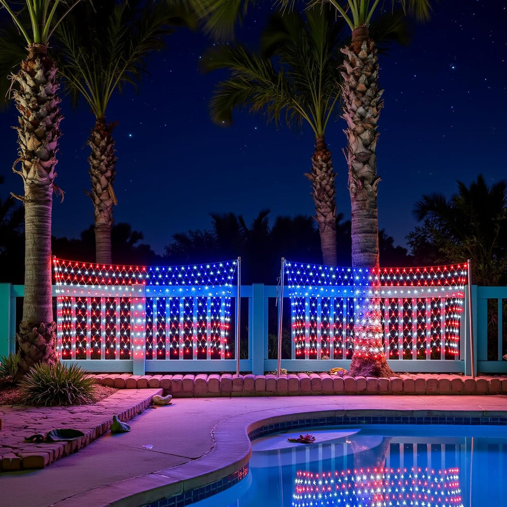 American Flag Lights Outdoor - 420 Super Bright Red White and Blue Lights, Wa...
