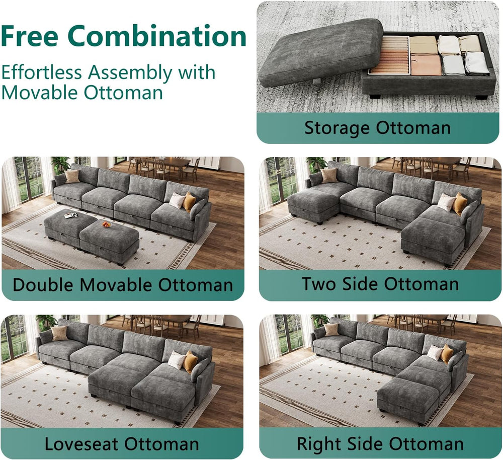 Modular Sectional Sofa, 132" U Shaped Couch with Storage, Chenille
