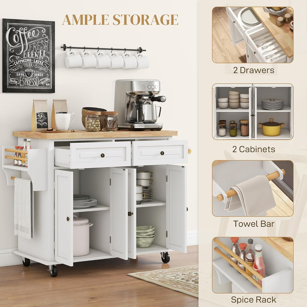 HOMCOM Kitchen Island Cart on Wheels with Solid Wood Top, 44" Cream White