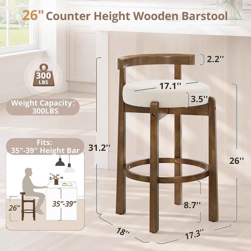LUE BONA Counter Height Bar Stools Set of 3, 26" Linen Upholstered Low B...